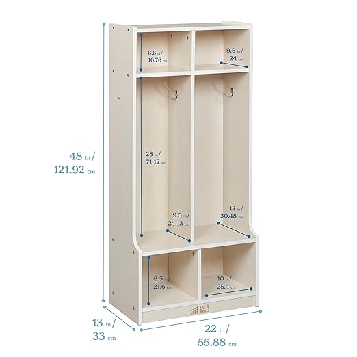 ECR4Kids 2-Section Coat Locker with Bench and Cubby Storage, Classroom Furniture, White Wash