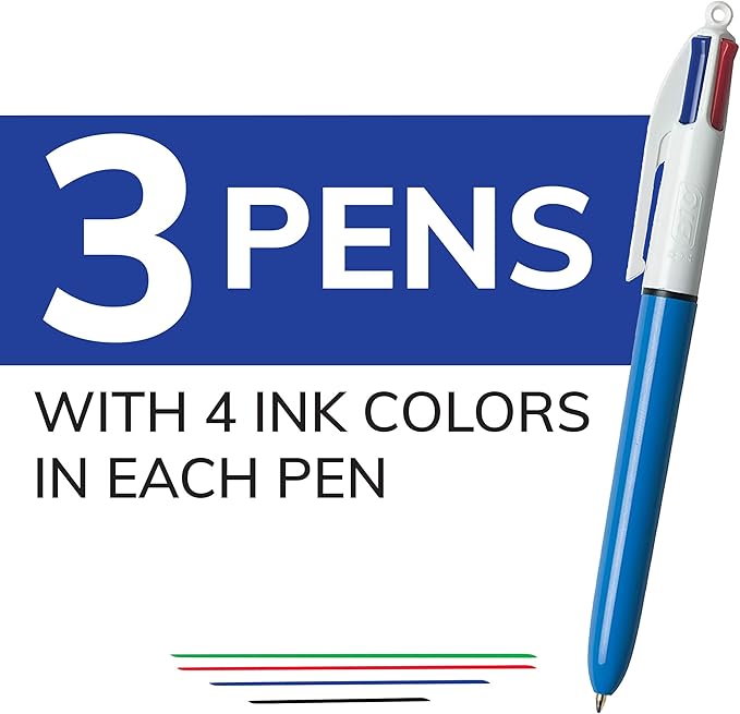BIC 4-Color Original Retractable Ball Pens, Versatile 1.0mm Medium Point, Long-Lasting Ink, Great Gift Idea, 3-Count in Assorted Colors