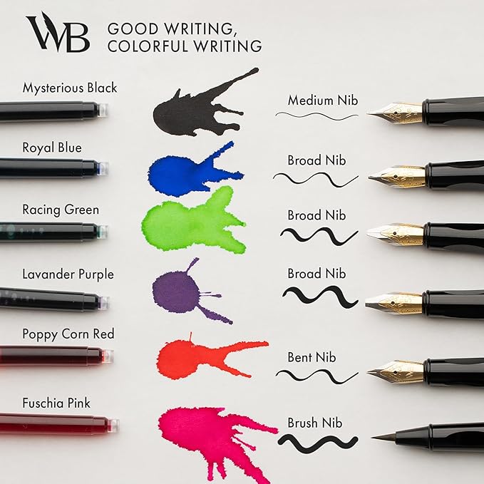 Wordsworth and Black Fountain Pen Set - Black - Includes 2 Pens, 18 ML Ink Bottle, 60 Ink Cartridges, A Refill Converter, 1 Medium and 4 Broad Nibs, Brush Pen - Fountain Pen Kit for Beginners