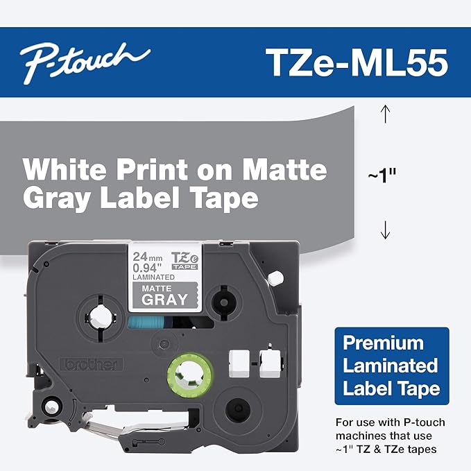 Brother P-touch TZe-ML55 White Print on Premium Matte Gray Laminated Tape 24mm (0.94”) wide x 8m (26.2’) long