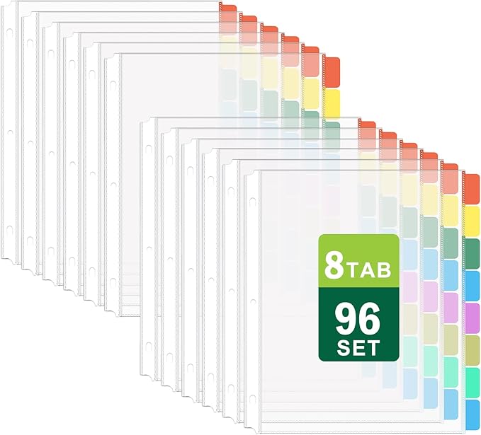 HABGP 96Pcs/12 Set Clear Binder Sheet Protectors - 8.5x11 Letter Size, 8 Tab Plastic Binder Dividers with Pockets and Tabs