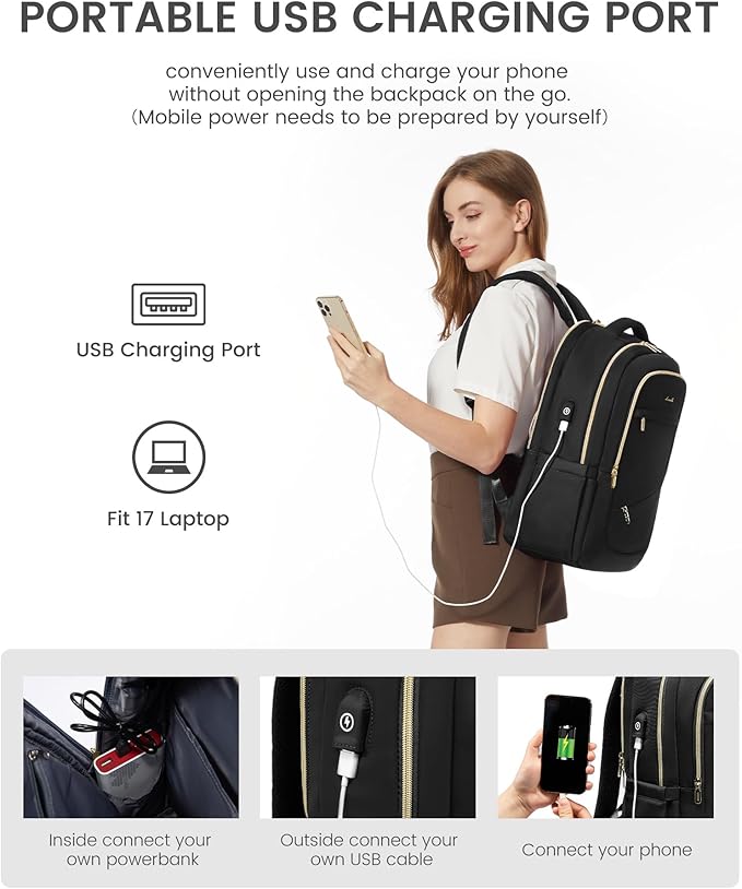 LOVEVOOK Laptop Backpack for Women, 17 Inch Black Business Travel Backpacks with USB Port, Water Resistant Work Teacher Computer Bag, Stylish Daypack