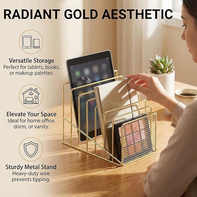 Simmer Stone Gold Desk Organizer 7 Slot Inclined Vertical File Folder Holder Sorter with Mesh Front Metal Wire Rack for Mail, Slim Binders, Books Office Organization Desktop Accessories