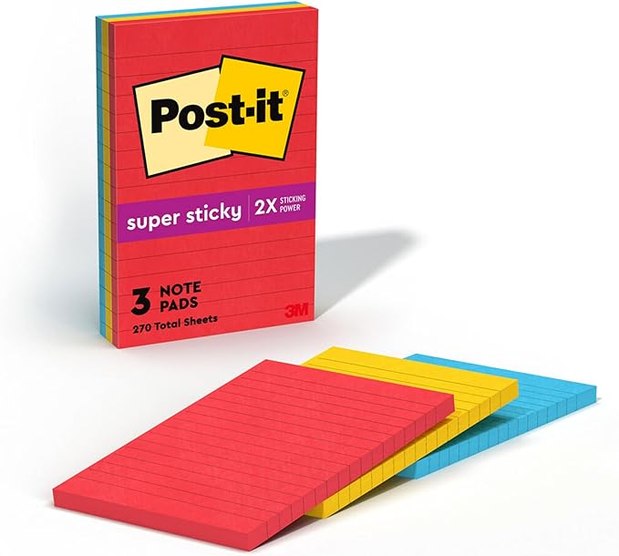 Post-it Super Sticky Lined Notes, 3 Sticky Note Pads, 4 x 6 in., Ideal for Organization in Your Dorm, Home or Office, Playful Primaries Collection
