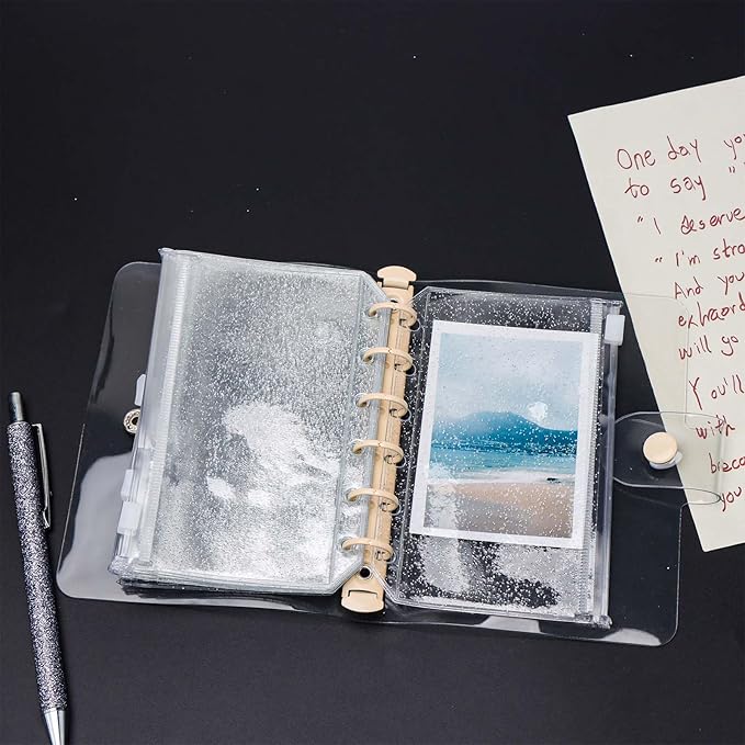 10pcs A7 Cash Stuffing Envelopes Zipper Binder Pockets Clear Glitter PVC 6 Hole Zip Sleeves Loose Leaf Pouches for 6 Ring Binder Planner (A7 3.35" x 5.12")