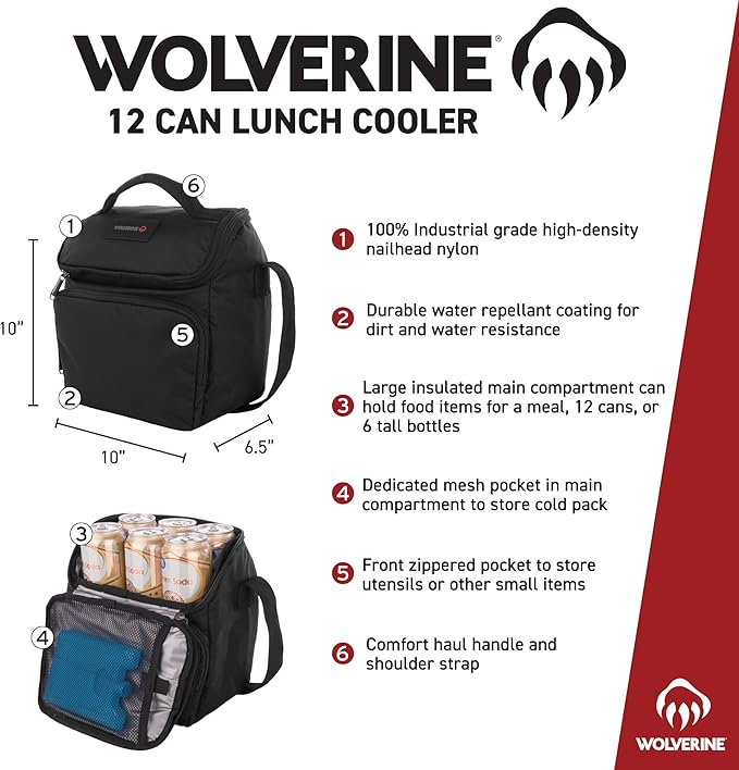 Wolverine Lunch Cooler | Insulated | 12 Can Capacity | Worksite | Heavy Duty | Travel | Leakproof | Durable