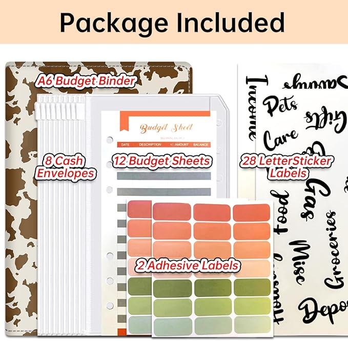 Budget Binder, Cute A6 Money Saving Binder with Zipper Envelopes, PU Leather Money Organizer for Cash, Expense Budget Sheets and Cash Envelopes for Budgeting Retro Brown Cowhide