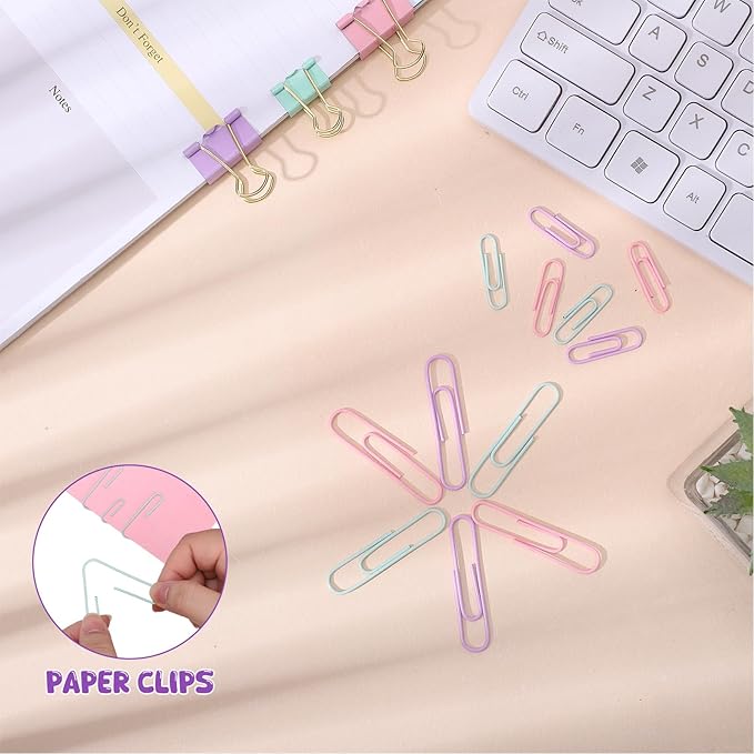 350 Pcs Paper Clips Assorted Sizes, Colored Binder Clip Paper Clamps Office Clips Set Push Pins Rubber Bands Teacher Supplies for Classroom Office Easter Gifts