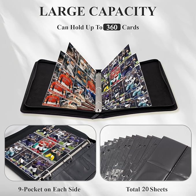 Card Binder 9 Pocket, 3-Ring Zipper Binder for Baseball Cards, Sports Cards, TCG/CCG (MTG, Football, Basketball), 20 Black Leatherette Sheets, Side Load (Purple, O-Ring)