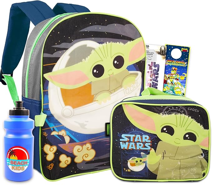 Star Wars Baby Yoda Backpack and Lunch Box Set - Bundle Mandalorian Backpack, Insulated Grogu Lunch Bag, More School Supplies for Kids