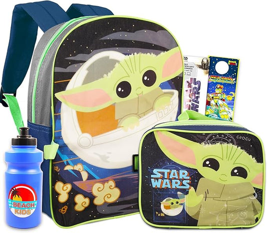 Star Wars Baby Yoda Backpack and Lunch Box Set - Bundle Mandalorian Backpack, Insulated Grogu Lunch Bag, More School Supplies for Kids