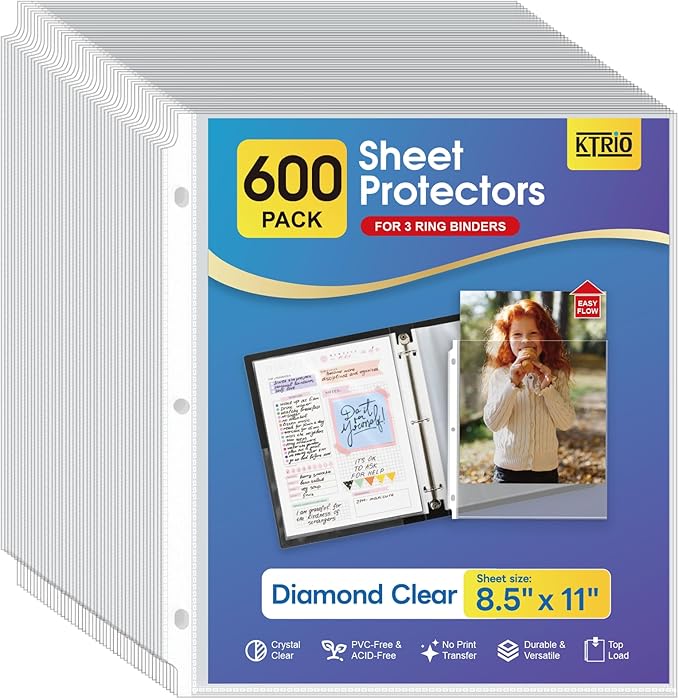 KTRIO Sheet Protectors for 3 Ring Binder 600 Pack, Clear Page Protectors 8.5 x 11, Plastic Binder Sleeves for Paper, Top Loading, Office Home School