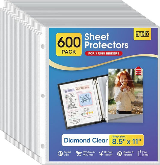 KTRIO Sheet Protectors for 3 Ring Binder 600 Pack, Clear Page Protectors 8.5 x 11, Plastic Binder Sleeves for Paper, Top Loading, Office Home School