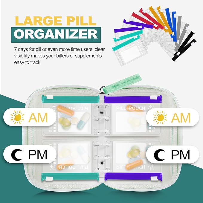 A7 Waterproof Pill Organizer with 14 S Zippered Pill Pouches for A7 Binder, Small BPA-Free Weekly Medicine Organizer, Color-Coded Reusable Travel Pill Storage System
