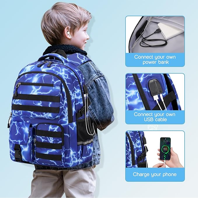 Camo Backpack for Boys, Tactical Boys Backpack for School, Kids Backpack With Lunch Box Pencil Case USB Charging Port Military Army Schoolbags for Boy Teens Kids Elementary Middle High School
