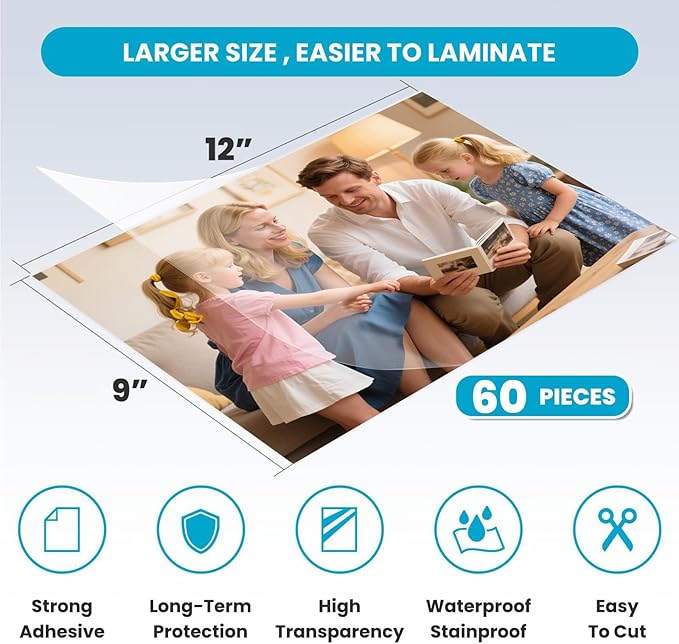 T&W SAME FILM 60 Pack Self Adhesive Laminating Sheets, 4mil, 9 x 12 Inch Laminator Sheets, Self Sealing Laminating Sheets for Laminator, Round Corner, No Heat, No Machine Needed