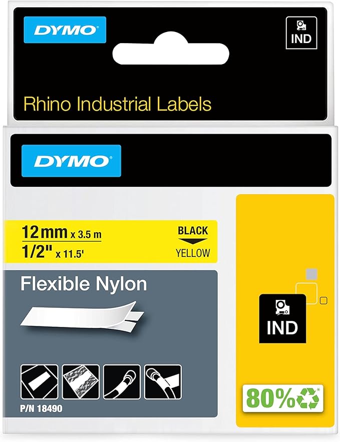 DYMO Rhino Industrial Flexible Nylon Labels 12 mm x 3.5 m Black Print on Yellow Self-Adhesive for Rhino & LabelManager Label Makers