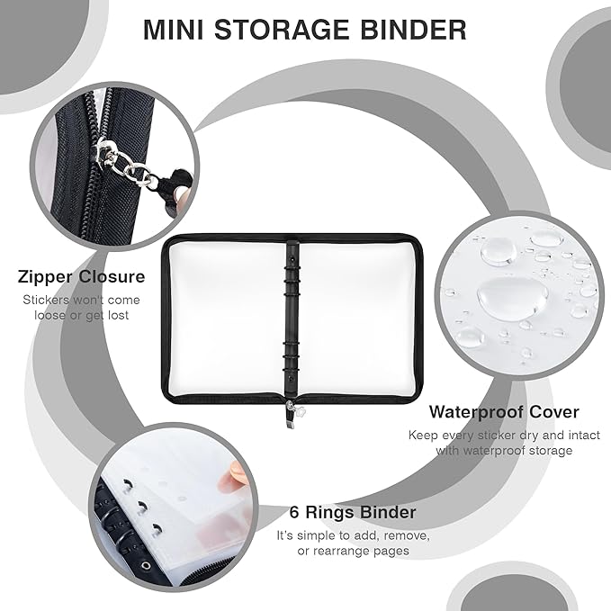 Ospelelf Reusable Sticker Book Stickers Organizer Storage, Zippered A5 Binder Collecting Album, Includes Storage Pockets, Release Paper, Essential for Scrapbook Planner Enthusiasts, Black