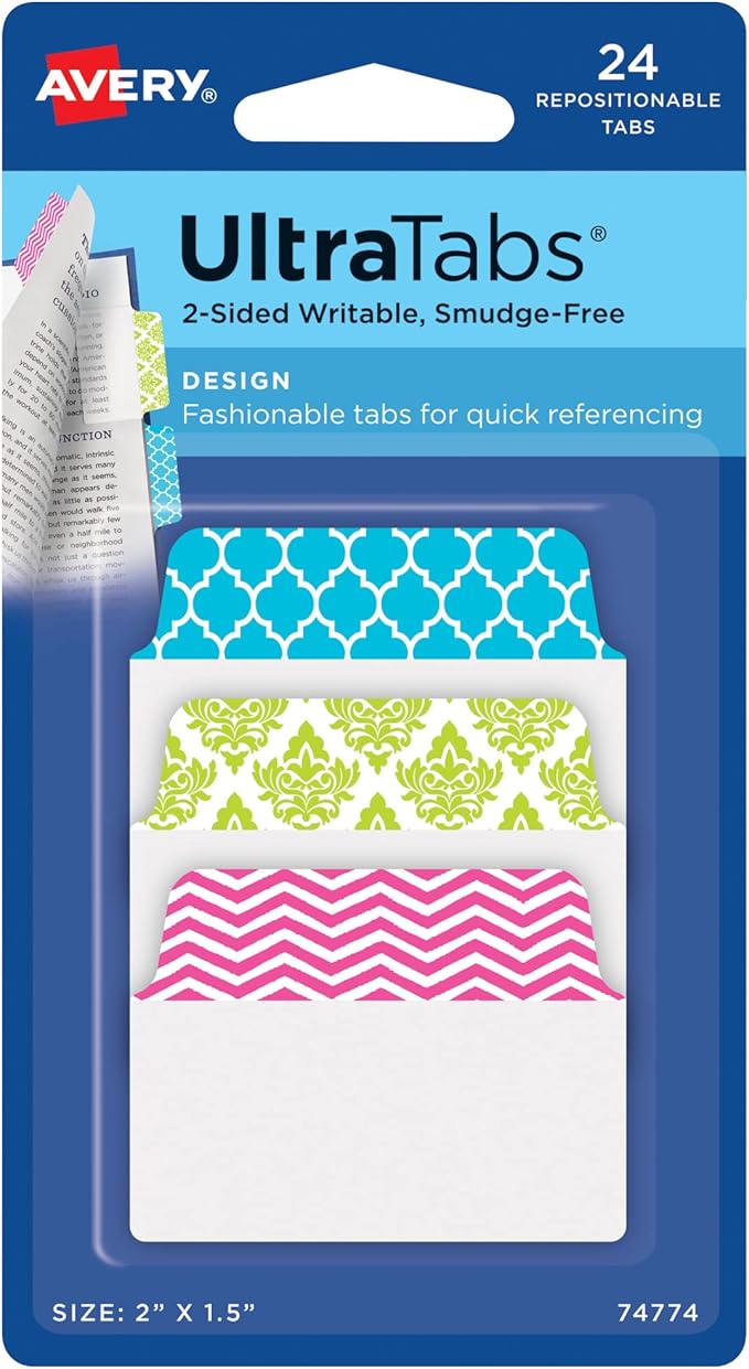 Avery Multiuse Ultra Tabs, 2" x 1.5", 2-Side Writable, Assorted Designs, 24 Repositionable Tabs (74774)