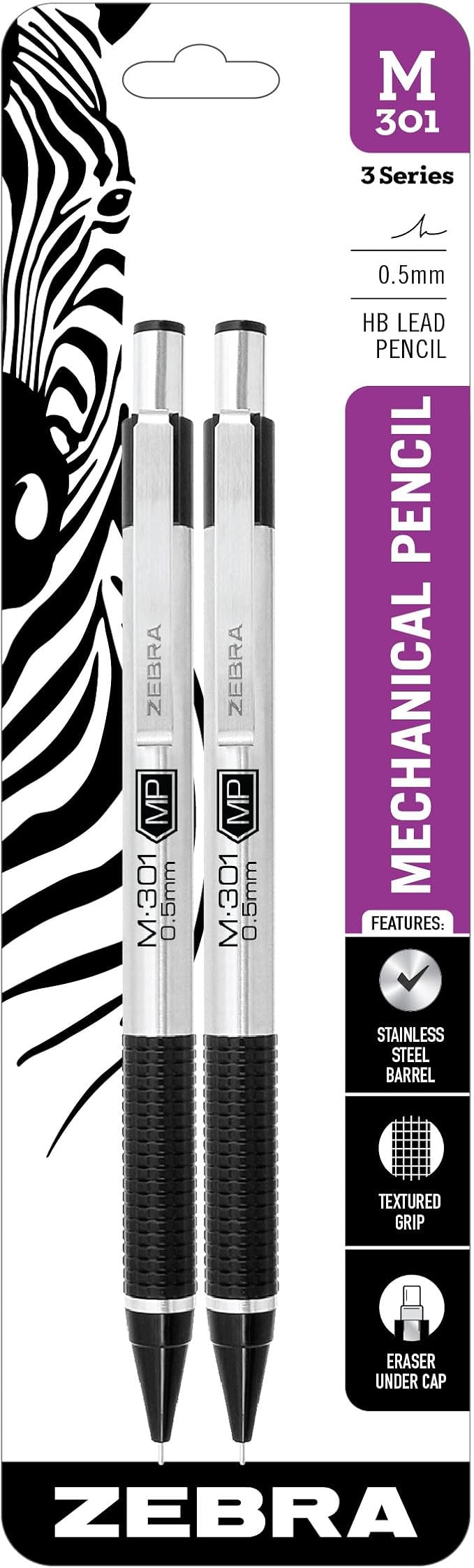 Zebra Pen, STEEL M-301 Mechanical Pencils, 0.5mm Fine Point, Refillable Lead, Stainless Steel Barrel, Built-in Eraser, Durable Clip, Lightweight Precision Pencil for School, Office, 2-Pack (54012)