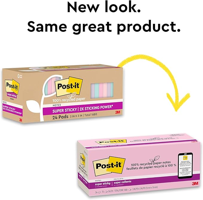 Post-it 100% Recycled Paper Super Sticky Notes, 3 in. x 3 in., 24 Pads, 70 Sheets per Pad, Wanderlust Pastels, New Year Organization or Second Semester School Supplies