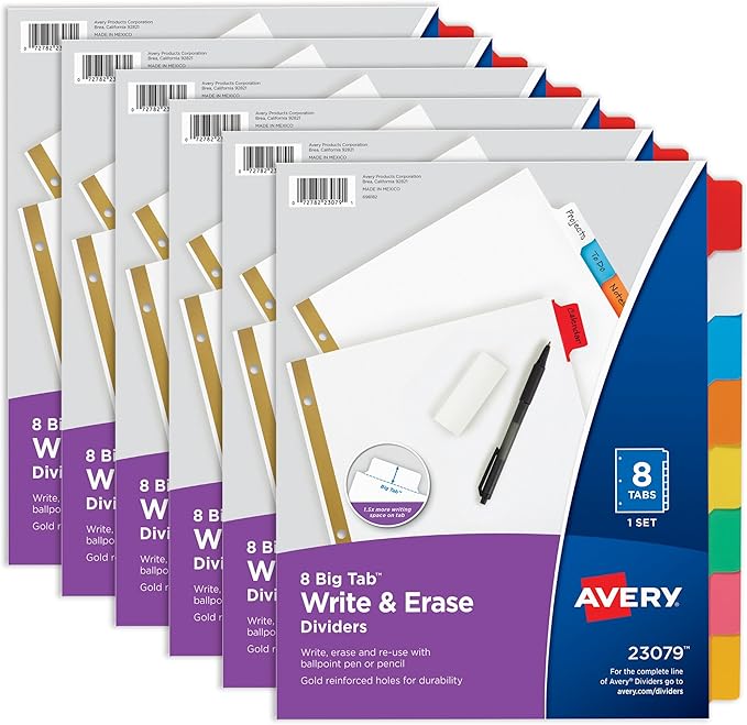 Avery Big Tab Write & Erase 8 Tab Dividers for 3 Ring Binders,Multicolor Divider Tabs,Great for Organizing Projects,Reports,Finances,(23079),6 Count (Pack of 8)