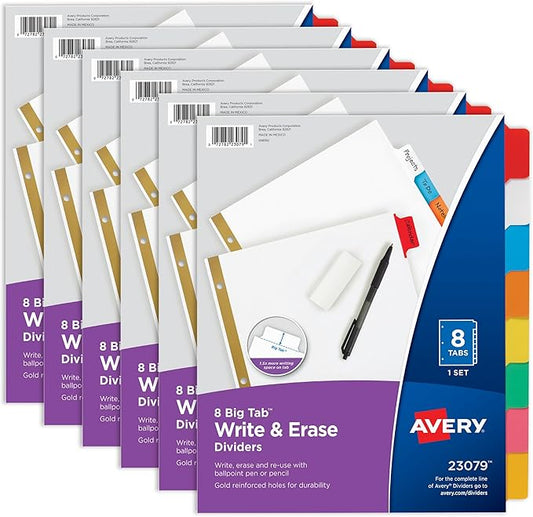 Avery Big Tab Write & Erase 8 Tab Dividers for 3 Ring Binders,Multicolor Divider Tabs,Great for Organizing Projects,Reports,Finances,(23079),6 Count (Pack of 8)