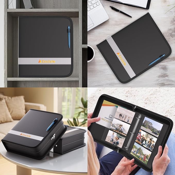 DocSafe 3 Ring Binder with Zipper,Fireproof 3 Inch Round Ring Binder with 2 Interior Pockets,PVC-Free,Portable School Office Home Safe Storage for Letter Size 8.5'' x 11'' Paper Photos Cards Black