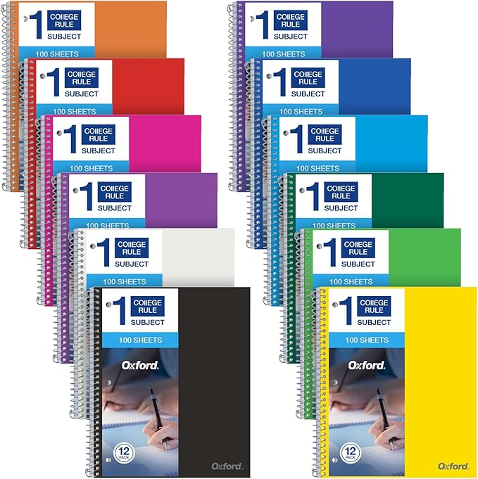 Oxford Spiral Notebook 8.5 X 11, Water Resistant Cover, 100 Sheets, College Ruled, 1 Subject - Pack of 12