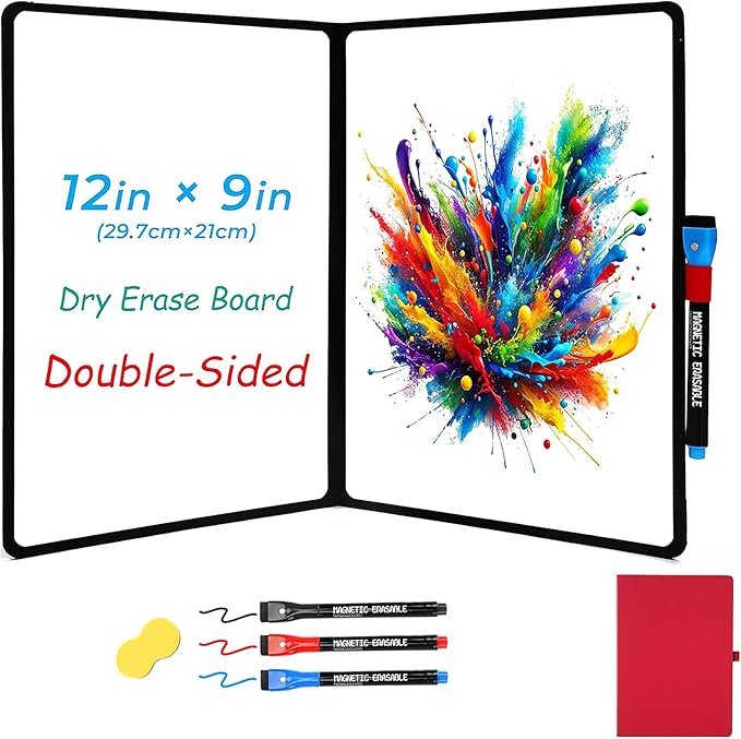 Double-Sided White Board 12x9 inch - Ultra-Thin 0.3" Portable Dry Erase Board with 3 Markers & Anti-Ghosting Surface | Magnetic-Ready | Foldable for Office (Double-A4 Red)