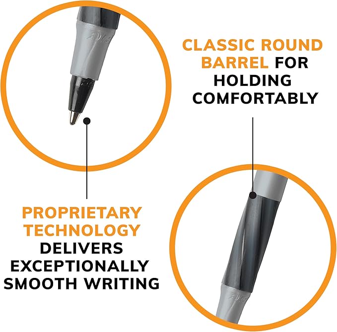 BIC Round Stic Grip Xtra-Comfort Ballpoint Pens, Medium Point, 1.2 mm, Gray Barrel, Black Ink, Pack Of 12 Pens