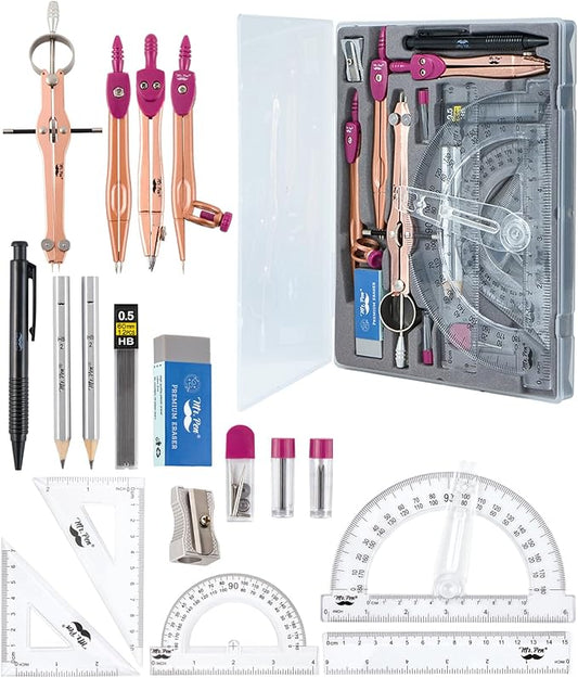 Mr. Pen- Geometry Set, 15 pcs, Rose Gold & Pink, 6 Inch Swing Arm Protractor, Divider, Set Squares, Ruler, Compasses and Protractor