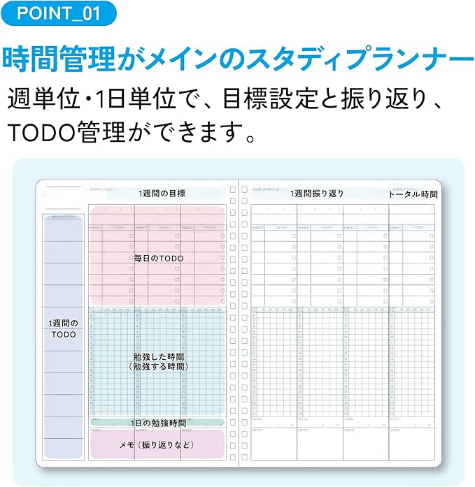 KOKUYO Study Planner Notebook, 10'' x 7'' Time Log B5 Soft Ring Notebooks, 41 To Do Plan Sheets, Green Spiral Notebook, Time Management. Japan Import (SU-SY111TL-G)