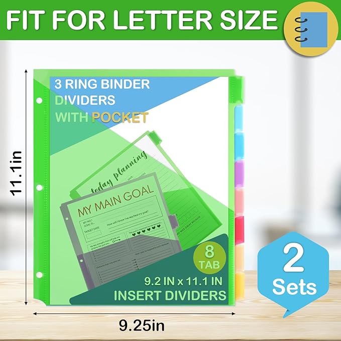 16 Count Binder Dividers with Pockets, 8 Tab Plastic Dividers for 3 Ring Binders School Office Document Indexing and Protection, Multicolor, 2 Sets
