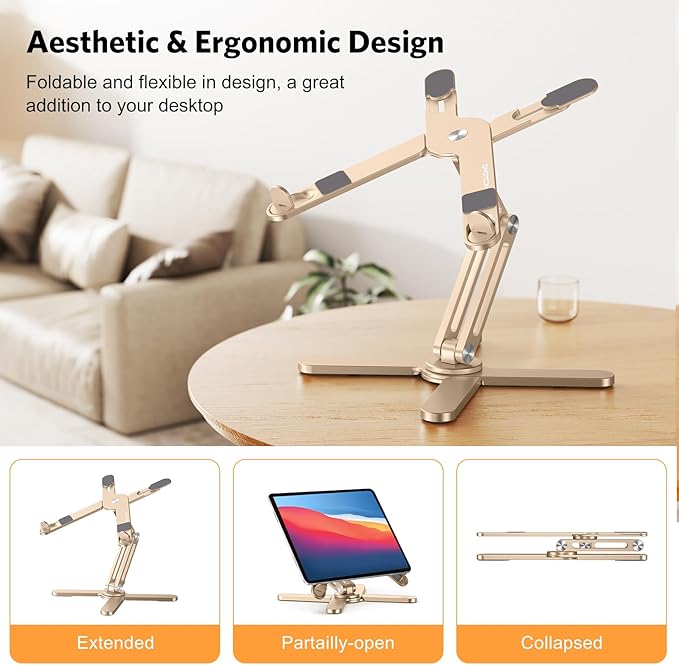 OMOTON 360 Rotating Laptop Stand Riser for Desk, Ergonomic Foldable Computer Stand Adjustable Height Angles for Collaborative Work, Easy Storage Fit Macbooks,All Laptops up to 16 inches, Gold