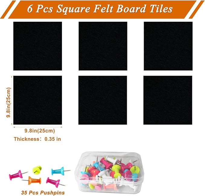 Square Felt Cork Bulletin Board Tiles, Self Adhesive DIY Felt Pin Board for Wall 30" x 20" with 35 Pushpins for Office School Home Wall Decor Stickers Memos Photos Display (Black)