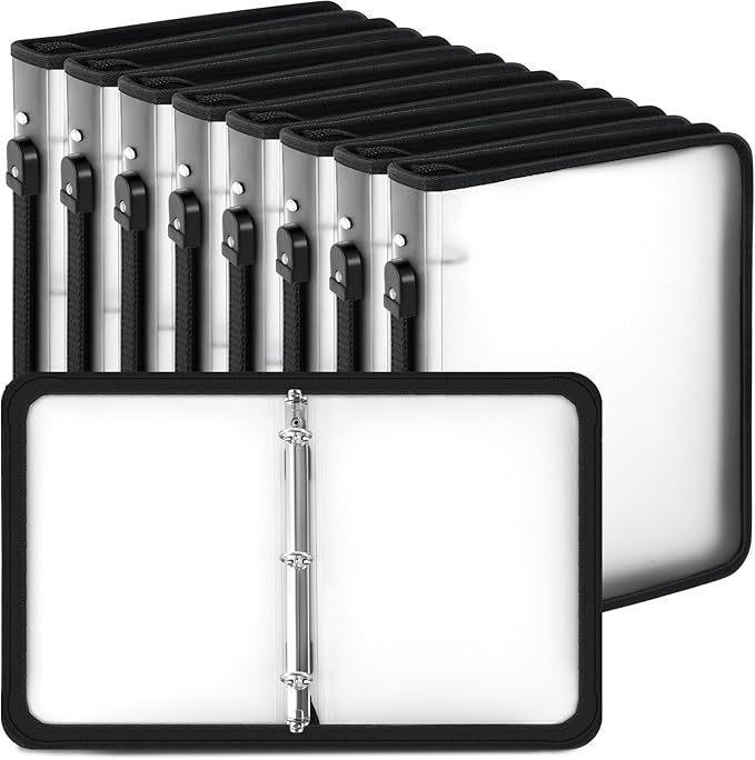 Teling 8 Pcs Plastic Zipper Binders with 3 Ring Zipper Binder, Refillable File Organizer Planner for Projects, Assignments, Memos, School Work (2 Inch,White)