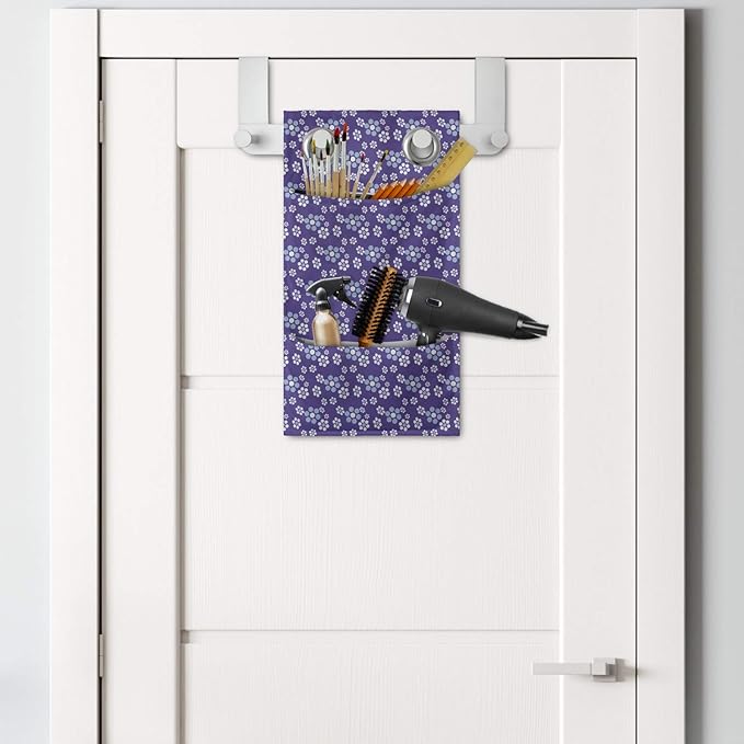 Ambesonne Romantic Hanging Pocket Organizer, Retro Blossom Petals Mini Aster and Daisy Flowers Meadow Rural Flourish, Printed Polyester Storage Bag with Pockets, 9" x 16", Blue Violet and White