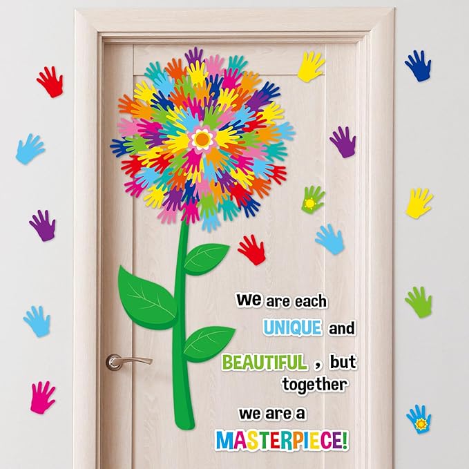 gisgfim Classroom Bulletin Board Decoration Set Wall Door Decor Spring Hands Tree Colorful Handprint Classroom Decorations for Kindergarten Preschool Elementary Middle School(We are Each Unique and...