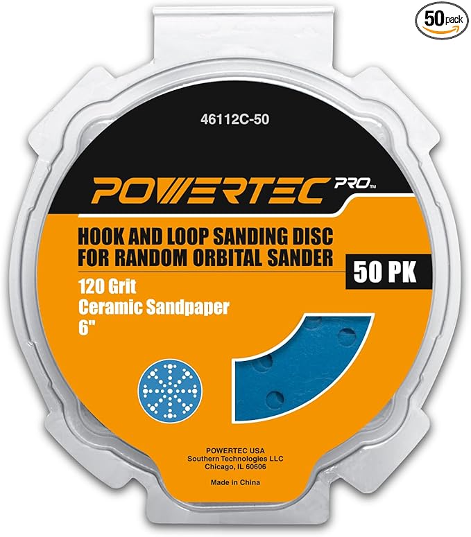 POWERTEC PRO 50PK, 6 Inch 49 Holes Hook and Loop Sanding Disc, 120 Grit, Ceramic Hook and Loop Backing Discs for Festool Random Orbital Sanders - Automotive, Paint, Metal, Woodworking (46112C-50)