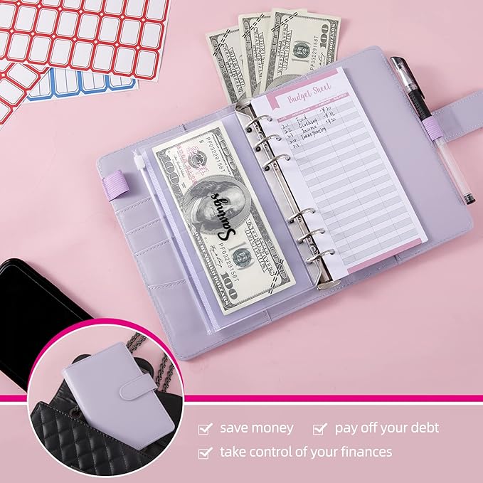 NICOOTHBudget Binder Cash Envelopes A6 Money Saving Binder with Zipper envelopes (Purple)