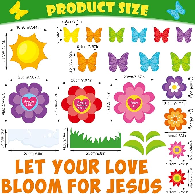 97 Pcs Christian Bulletin Board Decorations Let Your Love Bloom for Jesus Bulletin Board Sets Religious Faith Flower Butterfly Cutout for Summer Church Sunday School Classroom Wall Decor