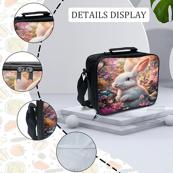 Rabbit Flower Backpack Set 3 Piece School Bags and Lunch Box with Pencil Case Rabbit Floral Animal Bookbag Set For Toddler Kids Girls Boys Teens Kindergarten Elementary Middle