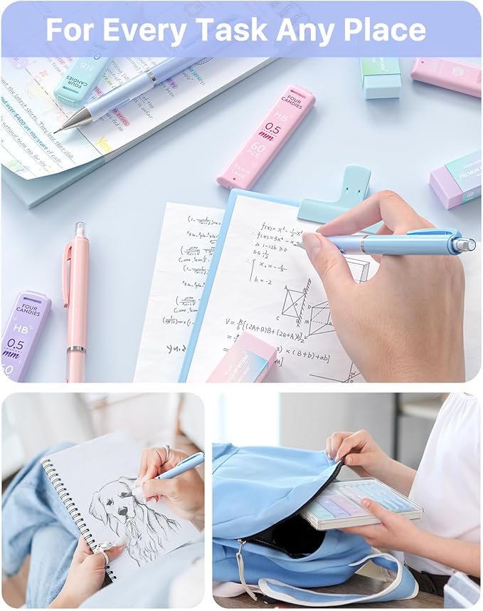 Four Candies Mechanical Pencil Set - 0.5 mm (Fine Point), 6PCS Cute Pencils Mechanical with 360PCS (HB & 2B) Lead Refills & 12PCS Erasers & 1PCS Storage Case, Pastel Aesthetic Lead Pencils for School