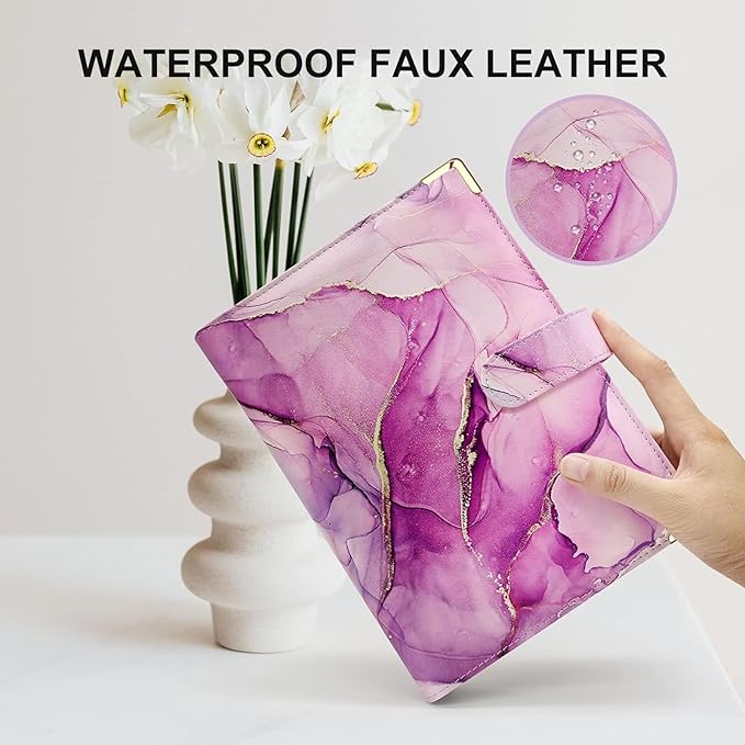 A5 Refillable 6 Ring Faux Leather Budget Binder,Mini Notebook Binder Cover for A5 Filler Paper,Loose Leaf Personal Planner Cover with Magnetic Buckle Closure(Marble Purple)