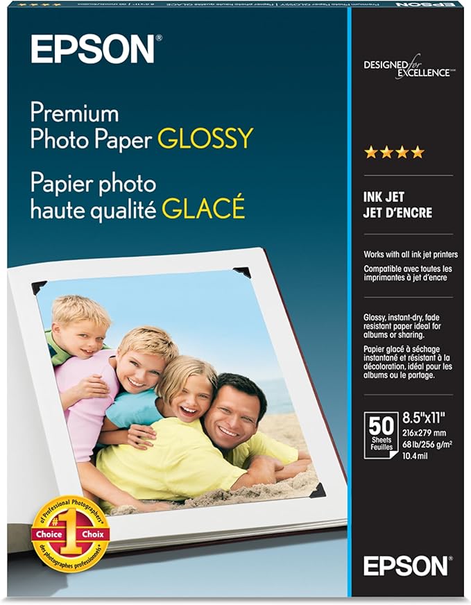 Epson Premium Photo Paper GLOSSY (8.5x11 Inches, 50 Sheets) (S041667),White