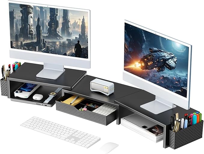 gianotter Dual Monitor Stand Riser, Desk Organizer With Drawer and 2 Pen Holders, Computer Monitor Stand, Shelf for Top of Desk, Black