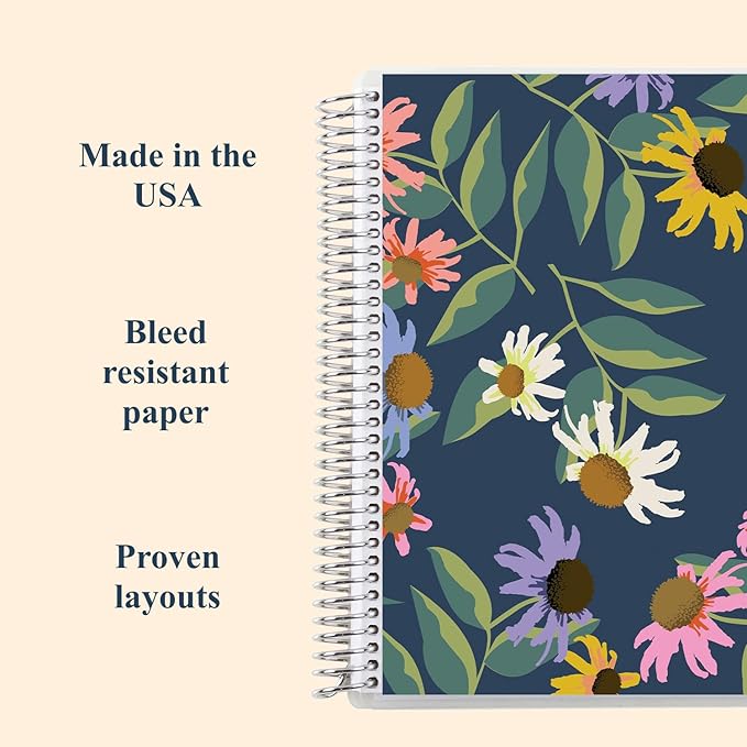 Erin Condren 8.5” x 11” Productivity Spiral Notebook, Lines & Checklist Layout with 80 Lb. Paper, Daisy Blooms Cover, 160 Productivity Notebook Pages, Platinum Coil, Stickers Included