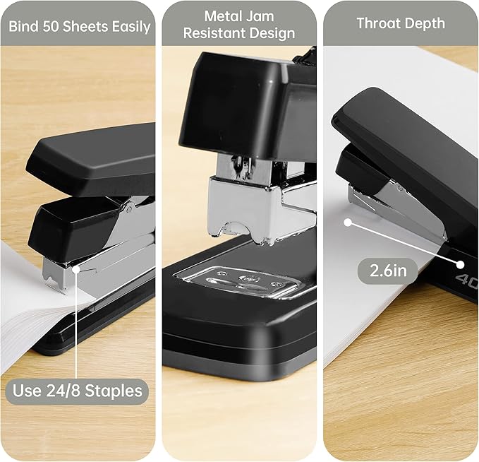 Deli Effortless Desktop Stapler, Heavy Duty Stapler, 40-50 Sheet Capacity, One Finger, No Effort, Includes Staples & Staple Remover, Black