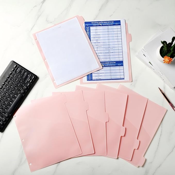 Epakh 12 Pcs Binder Dividers for 3 Rings Binders Index Dividers with Two Clear Pockets Plastics Sheets Protectors with Tab Labels for School Office Organization (Pink)